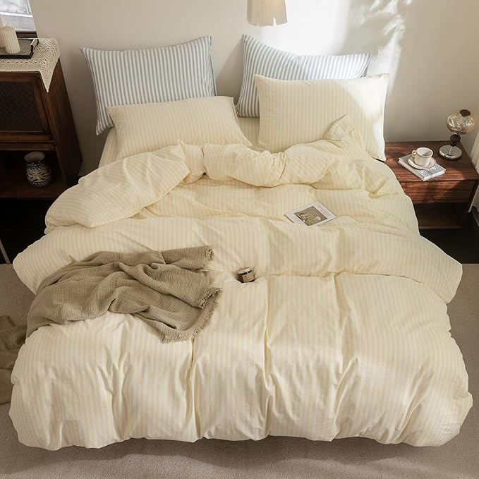 FOSSA Striped Duvet Cover Set 100% Washed Cotton Linen Feel Super Soft Breathable Cozy 3 Pieces Bedding Sets Pastel Yellow Classic Stripes Queen