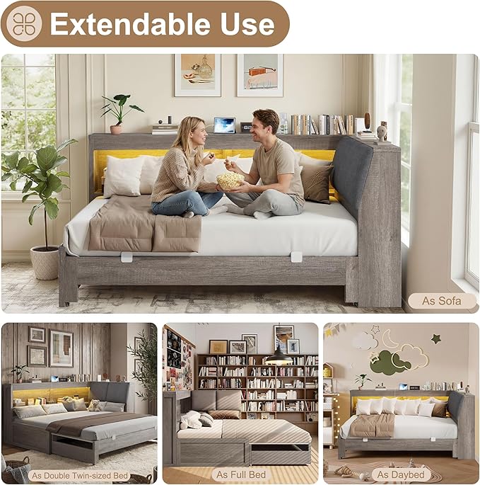 Corner Bed Frame with Trundle and Bookcase Upholstered Headboard, 3-in-1 Twin Size Wood Daybed with Extendable Bed, LED Lights and Charging Station, for Bedroom, Guest Room, Grey