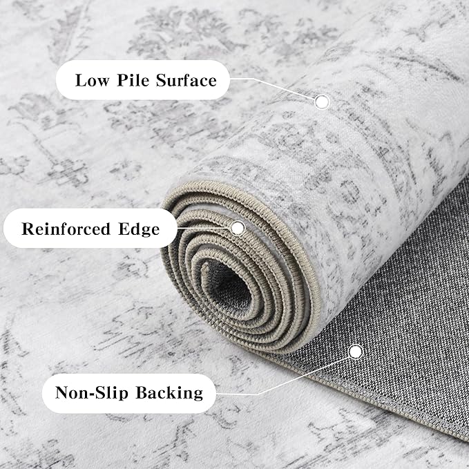 3x5 Vintage Washable Area Rugs Boho Medallion Large Distressed Retro Accent Carpet Floral Non-Slip Soft Low Pile Indoor Throw Rug for Living Room Bedroom Dining Room Office Kitchen, Gray