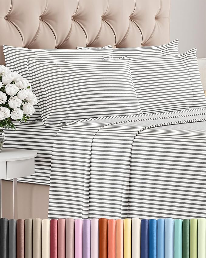 Cal King 6 Piece Sheet Set - Cooling & Breathable - Hotel Luxury Bedding, Includes Fitted Sheet for Women, Men, Kids & Teens - 1 Flat, 1 Fitted Sheet, 4 Pillowcases with Deep Pockets - Grey Stripes