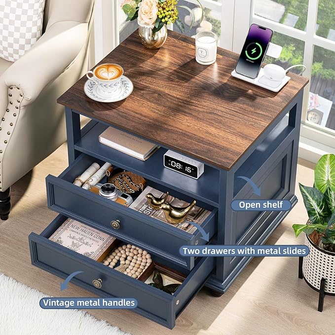 Farmhouse Furniture Set, Nightstands Set of 2 and 7 Drawers Dresser for Bedroom, 54 Inch Wide Wood Dresser and 24" Night Stands with Charging Station for Bedroom, Living Room, Hallway