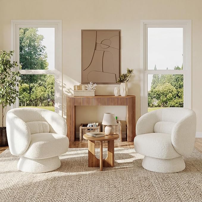 Swivel Accent Chair, Modern 360 Degree Swivel Barrel Chair with Arms & Curved Back and Lumbar Support Cushion, Comfy Round Single Boucle Sofa for Small Space, Living Room, Bedroom, White