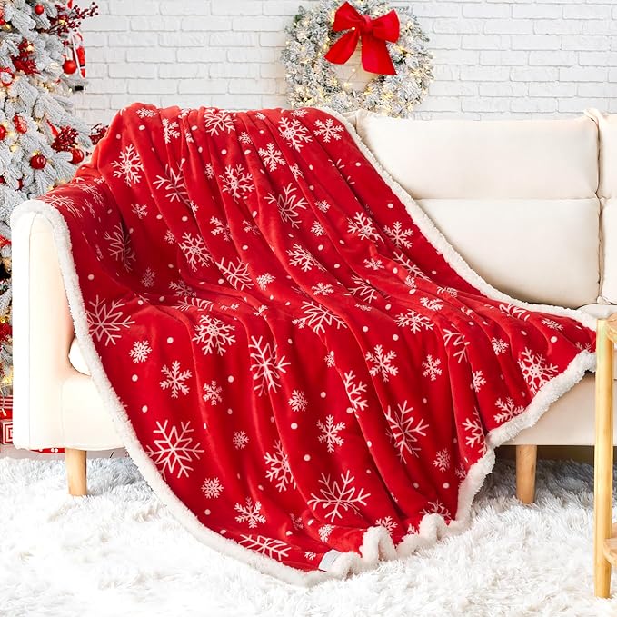 Touchat Christmas Throw Blanket, Red Sherpa Christmas Blankets, Fuzzy Fluffy Soft Cozy Blanket, Fleece Flannel Plush Microfiber Blanket for Couch Bed Sofa 60" X 80",Snowflake