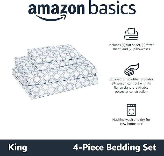 Amazon Basics Lightweight Microfiber 4-Piece Bed Sheet Set, Aqua, Printed, King