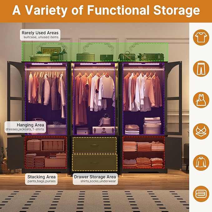 Tall Farmhouse 6 Doors Armoire Wardrobe Closet with LED ,72" Freestanding Arched Wardrobe Closet Cabinet for Bedroom w Glass Doors/Drawers,Wooden Clothing Storage Cabinet,Closets for Bedroom(Black)