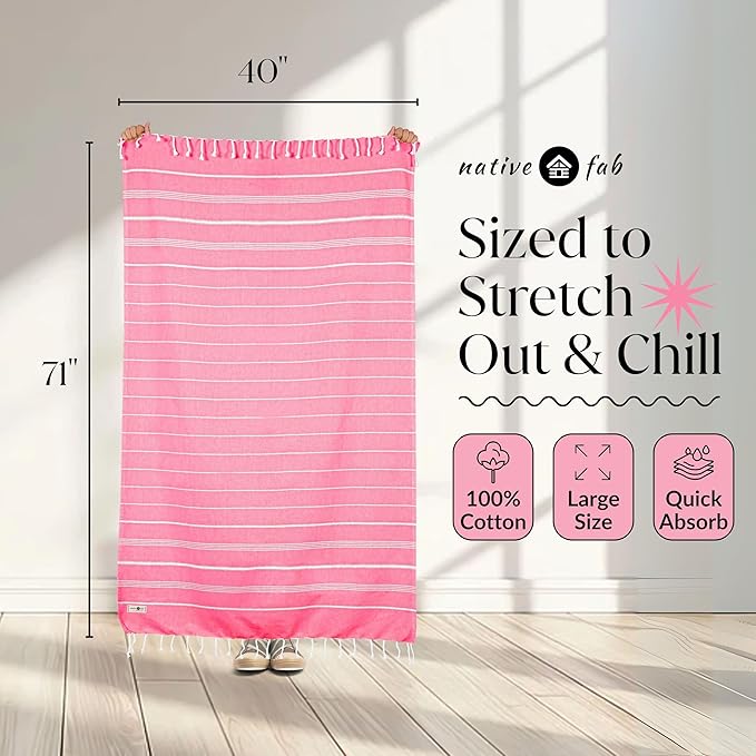 Native Fab 4 Pack Turkish Cotton Beach Towels, Oversized, Soft, Sand Free, Absorbent, Quick Dry, Lightweight for Bath, Pool, Travel, Spa - Rose Pink, Sky Blue, Lavender, Lemon Green