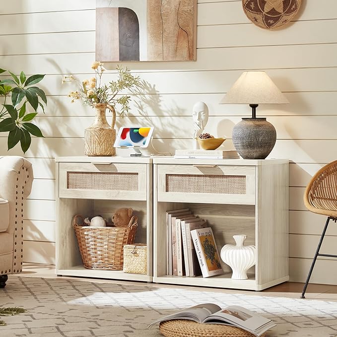 LEYAOYAO Rattan Dresser and Nightstand Sets 3 Piece, Boho Wood Dresser for Bedroom with 6 Drawers and Night Stand with Charging Station, Bedroom Furniture, Dressers & Chests of Drawers, Living Room
