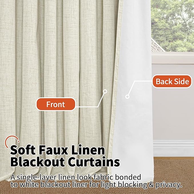 Linen Blackout Curtains for Bedroom Narrow Window, Thermal Insulated Complete Light Blocking Privacy Soundproof Small Curtains for Basement, Each 38 Inch Wide 63 Inch Length 2 Panels, Natural