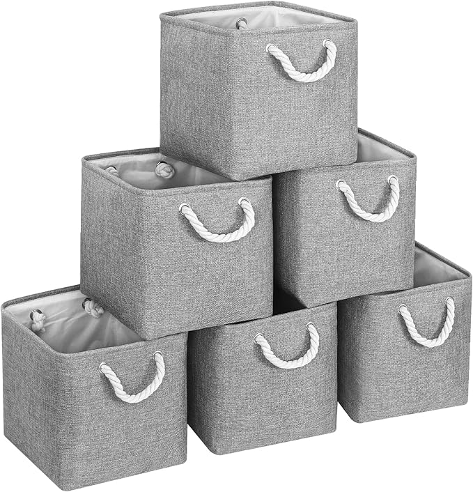 Large 11x11 Inch Cube Storage Bins with Cotton Handles for Closet, Shelves, Clothes, Towel (Gray-6 Pack)
