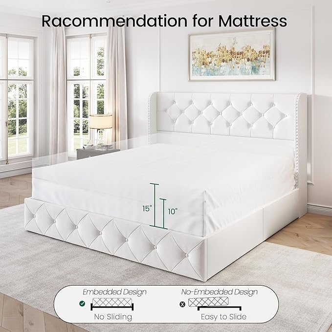 LARMACE Queen Size Bed Frame with 4 Storage Drawers and Wingback Headboard Velvet Upholstered Platform Bed Frame Tufted Beds with Wooden Slats Support, Easy Assembly, White