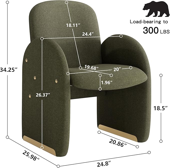 YOUTASTE Oversized Velvet Accent Chair for Living Room, Mid-Century Modern Dining Room Arm Chair with Gold Metal Legs, 300 LBS Capacity, Comfy Upholstered Office Single Sofa, Green