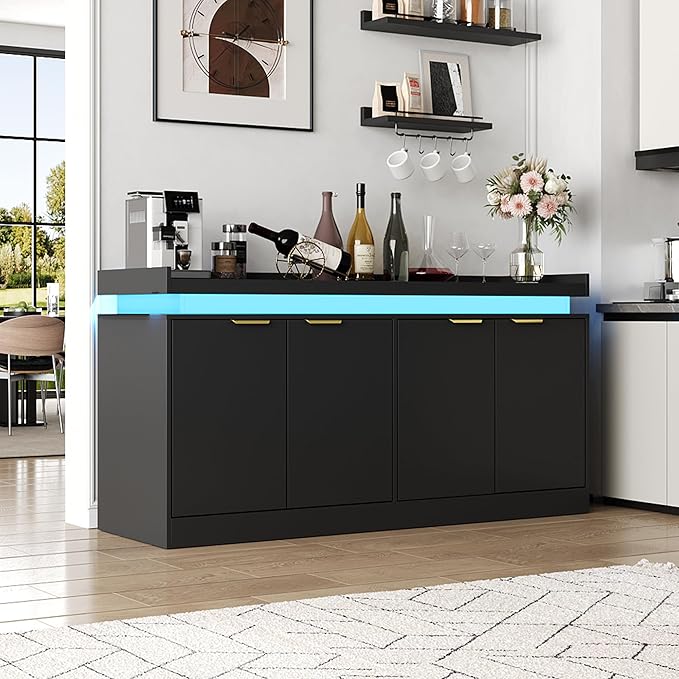 LED Sideboard Buffet Cabinet with Storage, 63'' Large Kitchen Buffet Cabinet Storage Cabinets with 4 Doors, Wood Coffee Bar Cabinets Buffet Table for Kitchen, Dining Room, Entryway