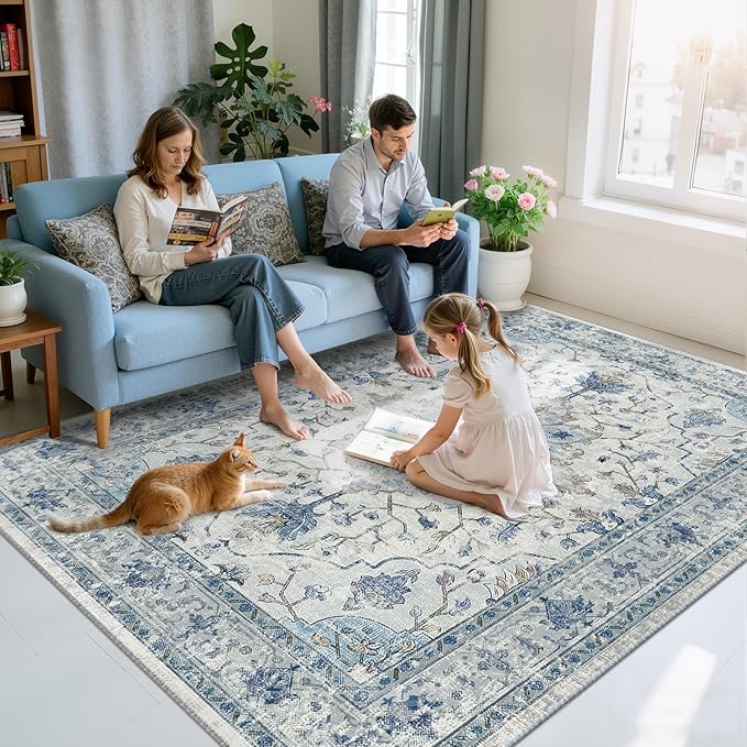 Area Rugs 6'x9' Washable Non-Slip, Floral Vintage Distress Print Pattern Medallion Carpet for Living Room Bedroom Dining Room, Light Blue Navy Beige Gray White