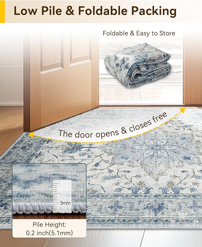 Area Rugs 7ft Washable Non-Slip, Floral Vintage Distress Print Pattern Medallion Carpet for Living Room Bedroom Dining Room, Light Blue Navy Beige Gray White