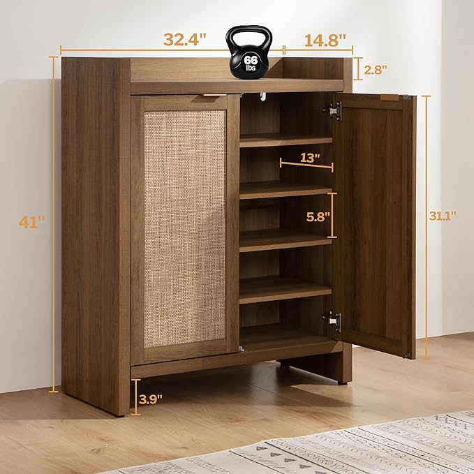 SICOTAS Shoe Cabinet Set of 2, Large Capacity Shoe Storage Organizer Cabinet, Tall Rattan Shoe Cabinet with Doors and Shelves, 6-Tier Farmhouse Boho Wooden Storage Cabinet for Entryway Hallway