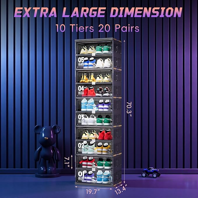 JEKO&JEKO 10-Tier Foldable Shoe Storage Cabinet with Magnetic Doors, Large Collapsible Shoe Rack Organizer for Entryway, Fits Up to 20 Pairs, Black