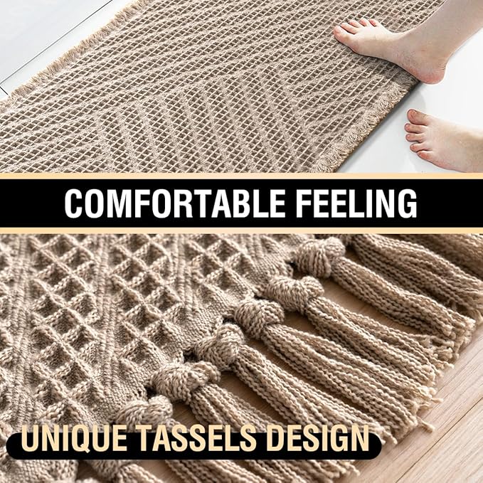 H.VERSAILTEX Waffle Bath Mat Super Absorbent Boho Bath Mat Non Slip Bath Rugs for Bathroom Floor Machine Washable Dry Fast Bathroom Rugs with Handmade Tassels, 20" x 32", Irish Cream