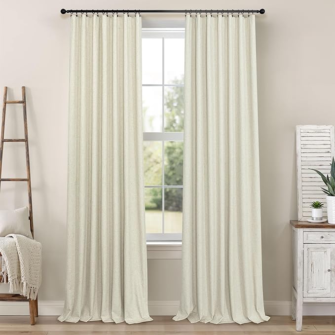 Cream Beige Blackout Curtains 90 Inches Long Thick Linen Patio Curtains for Sliding Glass Doors Cute Black Out Curtain for Nursery Bedroom Aesthetic Back Tab Pocket Pleated Drape 2 Panels 52x90 Length