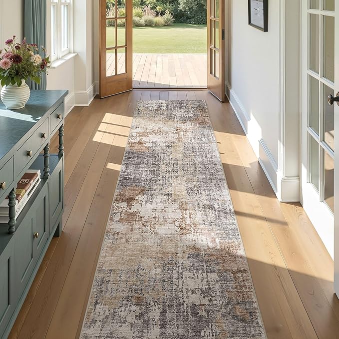 Washable Runner Rug for Hallway: 2.6x14 Neutral Modern Abstract Low Pile Area Rug with Non-Slip Backing - Carpet for Bedroom Kitchen Laundry Entryway Bathroom Indoor - Grey Brown