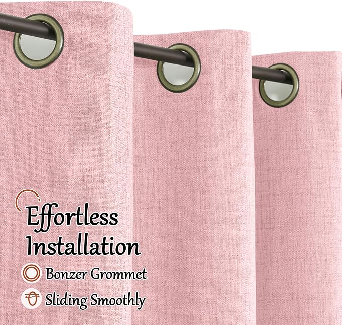Baby Pink Linen Blackout Curtains for Nursery 84 Inch Length 2 Panels Set, Thermal Insulated Boho Total Black Out Noise Reducing Bonzer Grommets Window Curtains for Girls Bedroom, Each 60 Inch Wide