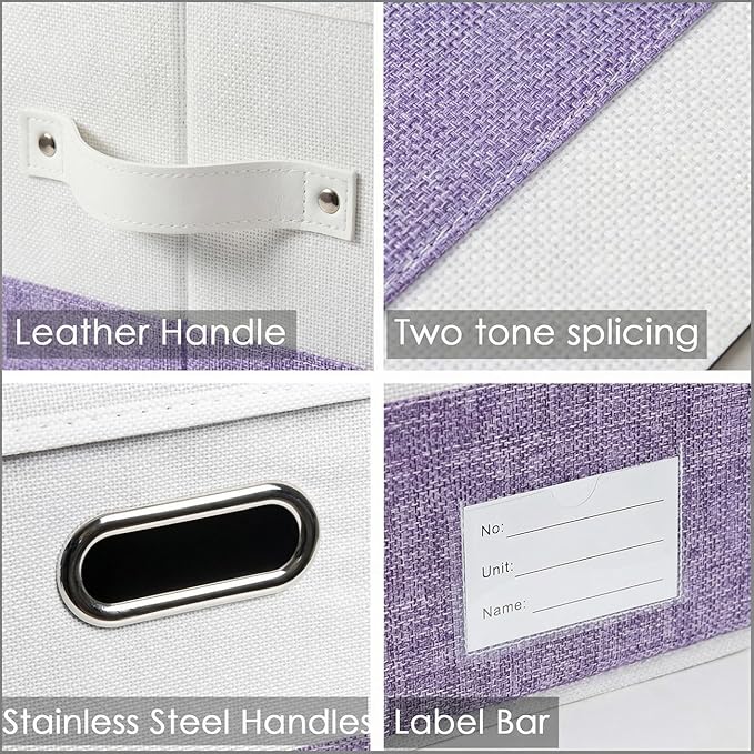 PRANDOM Collapsible Storage Bins with Lids [3-Pack] Linen Fabric Foldable Storage Boxes Organizer Containers Baskets Cubes with Cover for Bedroom Closet Nursery Purple&White (23.4X15.9X11.4)