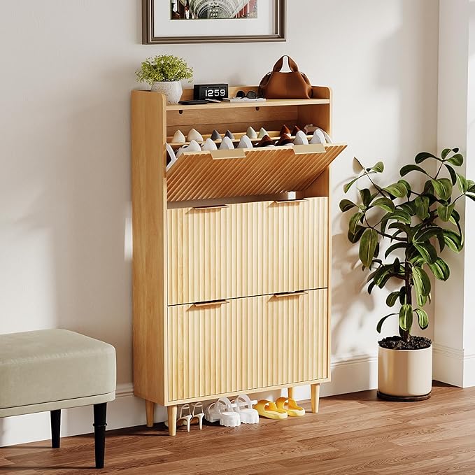 VINGLI Fluted Shoe Storage Cabinet for Entryway with 3 Flip Drawers, Narrow Shoe Organizer with Fluted Panel, Freestanding Wood Hidden Shoe Cabinet for Foyer, Hallway (Oak, 3 Flip Drawers)