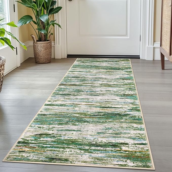 2x5 Modern Abstract Runner Rug for Hallway, Green Grey Multi Super Soft Hallway Decor Kitchen Rugs with Non-Slip, Non-Shedding Washable Rug for Hallways Entryway Bedroom Laundry Indoor