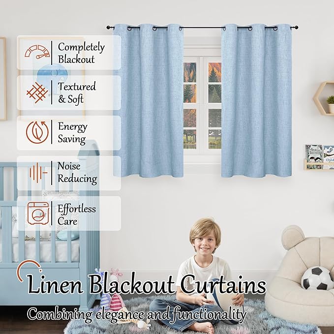Baby Blue Linen Blackout Curtains for Nursery 45 Inch Length 2 Panels, Short Thermal Insulated Boho Total Black Out Noise Reducing Small Window Curtains for Kids Bedroom, Each 38 Inch Wide