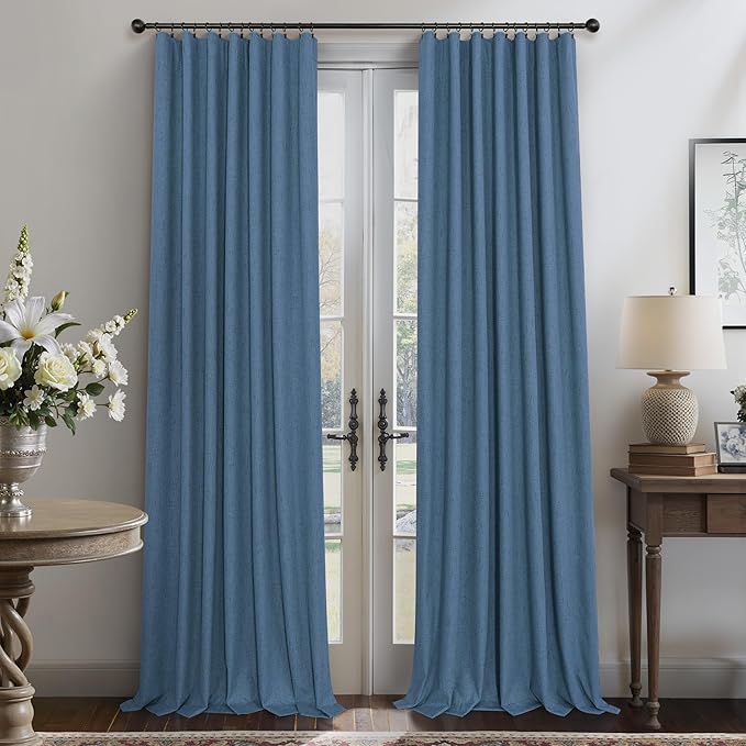 Denim Blue Blackout Curtains & Drapes 84 Inch Length 2 Panels Set Faux Linen 100% Black Out Room Darkening Soundproof Country Blue Curtains for Bedroom Living Room Back Tab Pocket 52x84 Long Drapes