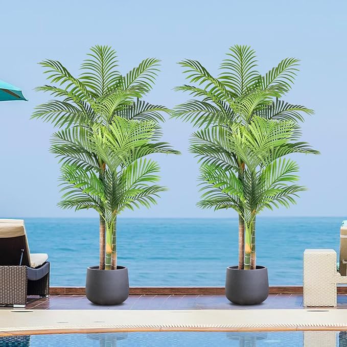 6ft Tall Triple Golden Cane Palm Artificial Tree 72inch Large Tropical Palm Tree UV Resistant Fake Plant in Pot for Indoor Outdoor Big House Living Room Outside Patio Office Home Decor 2Pack