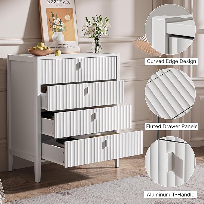 4 Drawer Dresser, Modern Chest of Drawers for Bedroom, Wood Fluted Dresser Organizer with Deep Drawers for Clothes, Nightstand for Bedroom, Hallway, Living Room, Entryway, White