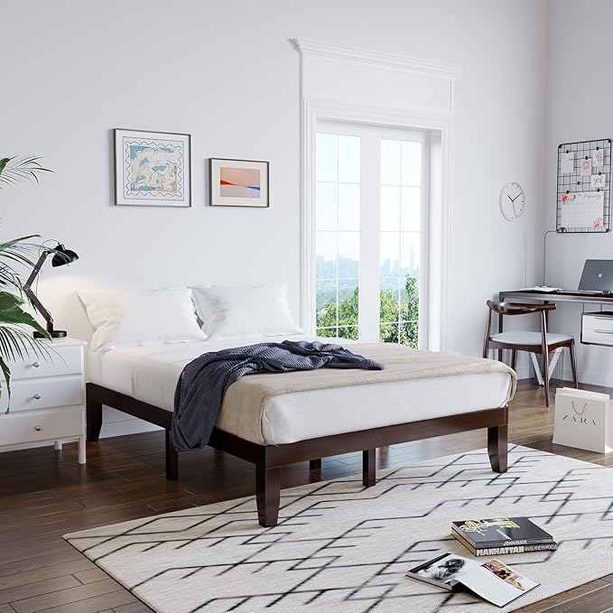 Giantex 14 Inch Queen Wood Platform Bed Frame, Minimalist Style Mattress Foundation with Solid Rubber Wood, Heavy Duty Slat Support, Without Headboard, Easy Assembly, No Box Spring Needed, Espresso