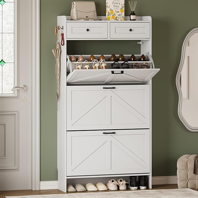 Shoe Storage Cabinet for Entryway, Farmhouse Narrow Shoe Cabinet with 3 Flip Drawers & 2 Top Drawers, Adjustable Shelves & Hooks, Freestanding Hidden Rack Organizer for Hallway, Foyer