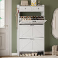 Shoe Storage Cabinet for Entryway, Farmhouse Narrow Shoe Cabinet with 3 Flip Drawers & 2 Top Drawers, Adjustable Shelves & Hooks, Freestanding Hidden Rack Organizer for Hallway, Foyer