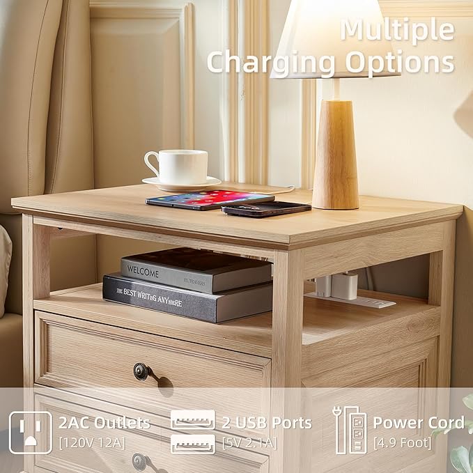 Farmhouse Nightstand Set of 2 with Charging Station, 24" Wide End Table with 2 Drawers,Natural Dresser for Bedroom,Bed Side Table Chest of Drawers Cabinet, Night Stand for Living Room