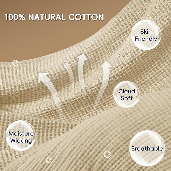 PHF 100% Cotton Waffle & Muslin Throw Blanket Large, Soft Breathable Luxury 400GSM Versatile Reversible Bedding for Couch, Great for Layering in Cold Weather, Home Decor Gift, 50" x 70", French Oak