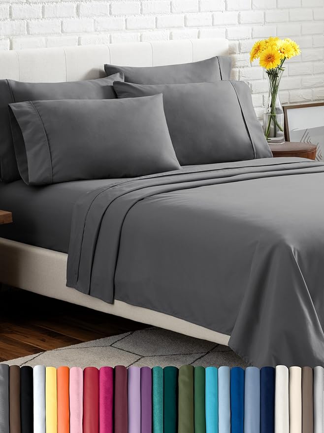Bare Home Hotel Luxury Split King Sheet Set, Extra Soft - 7 Piece Set - Deep Pockets - Easy Fit - Cooling & Breathable - Wrinkle, Fade, Stain Resistant - Includes 4 Pillowcases (Split King, Grey)