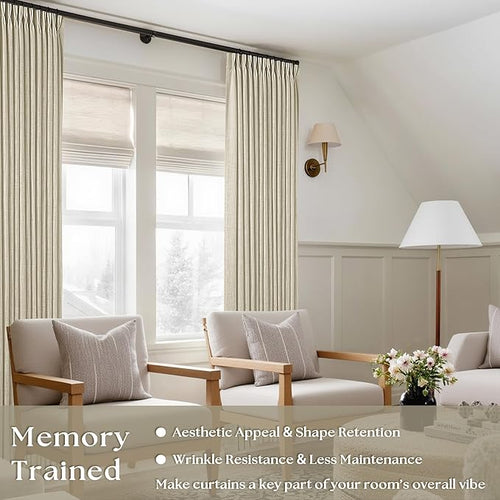 108 Inch Linen Curtains 2 Panels Set Pinch Pleated for Living Room Bedroom Memory Training Shaped Semi Sheer Neutral Beige Tan Flax Burlap Pleat Drapes Hooks Rings Light Filtering Window Curtain