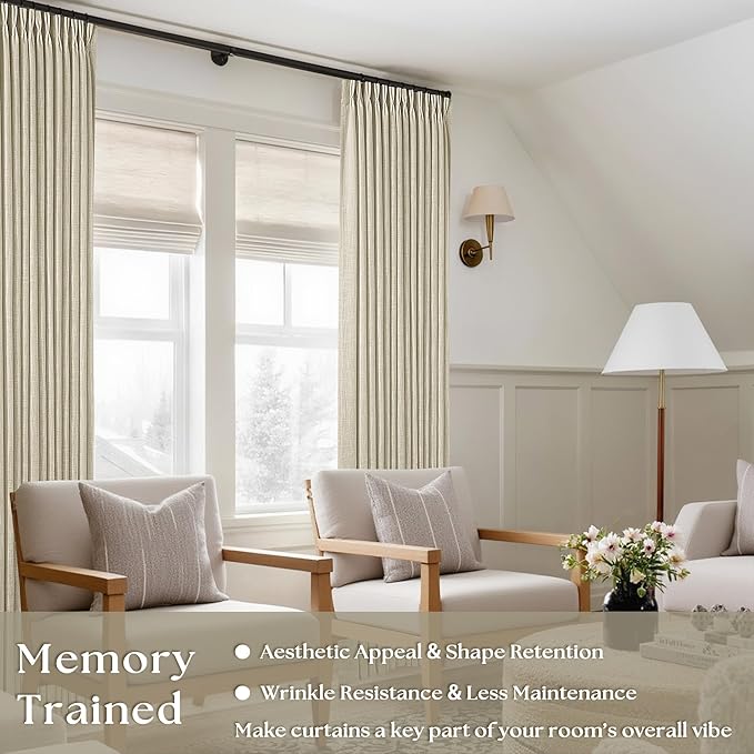 Linen Pinch Pleated Linen Curtains 2 Panels for Living Room Bedroom Memory Training Shaped Semi Sheer Pleat Drapes with Hooks Rings Light Filtering Window Curtain 40x80