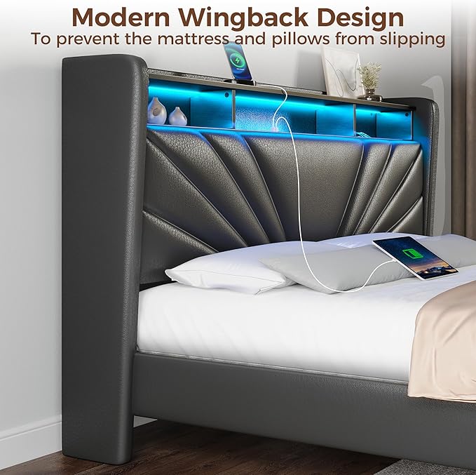 Rolanstar Full Size Bed Frame, Storage Headboard with Charging Station and LED Lights, Upholstered Bed with Heavy Duty Wood Slats, No Box Spring Needed, Noise Free, Easy Assembly, Black