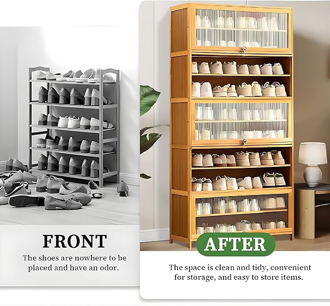 Tall Shoe Cabinet with Clear Doors, Large Capacity Bamboo Shoe Cabinet, 40-45 Pairs Shoe Rack Organizer for Closet Entrance, Hallway, Living Room, Bedroom