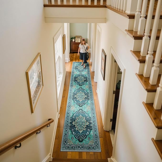 Area Rugs 2'x10' Washable Non-Slip, Floral Vintage Distress Print Pattern Medallion Carpet for Living Room Bedroom Dining Room, Teal Green Lake Blue Turquoise