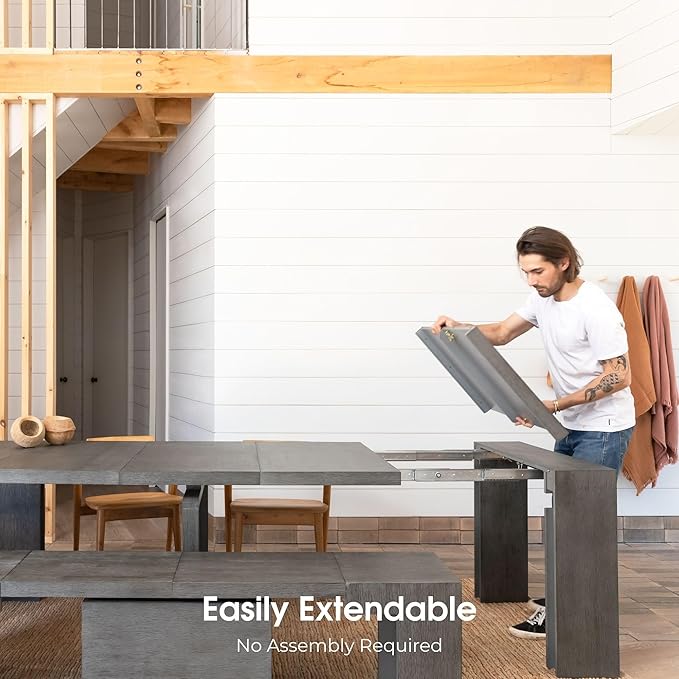 Transformer Table - Solid Wood Extendable Dining Table, Seats 2-12, Extendable Dining Room Table, Space-Saving Furniture, Expandable Dining Furniture (Dark Grey, Table + 2 Benches)