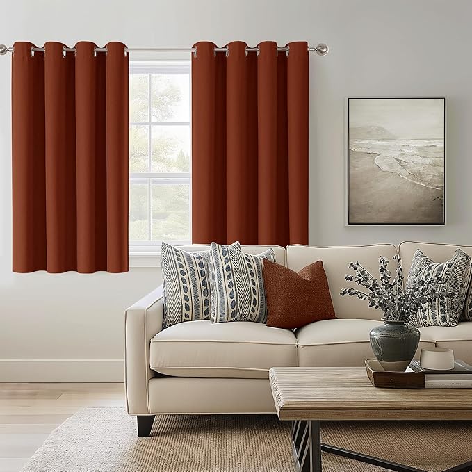 ChrisDowa 100% Blackout Terracotta Solid Curtains 54 Inches Long 2 Panels for Bedroom Living Room,Farmhouse Room Darkening Thermal Insulated Soundproof Grommet Top Window Treatment Drapes,52x54