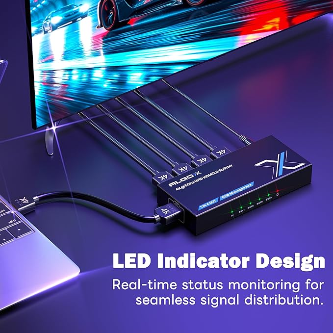 4K HDMI Splitter 1x4 withEDID, 4K@60Hz HDR HDMI 2.0 18Gbps HDMI Duplicator Support HDCP 2.2 for Switch2 Apple TV, PS5, Xbox, Roku, Projector... (4K@60Hz 1 in 4 Out)