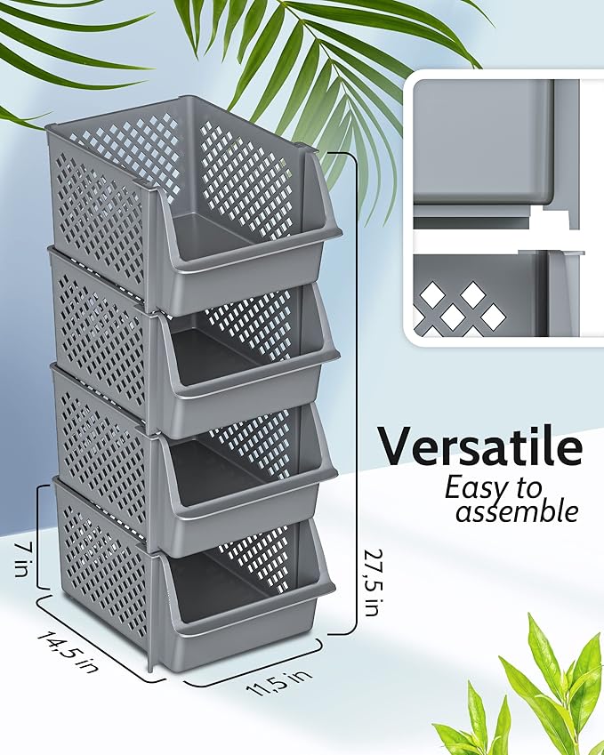 TidyFriend Plastic Stackable Storage Bins for Pantry, 4 Pack Stackable Bins For Organizing Food, Kitchen, and Bathroom Essentials (Grey)