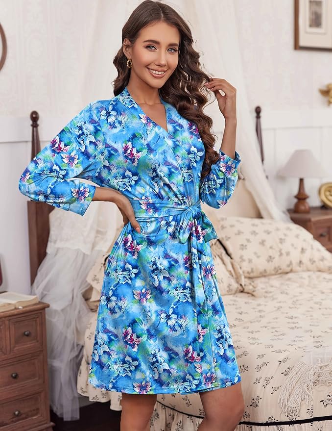 HOTOUCH Womens Robe Lightweight Short Knit Bathrobe Soft Ladies Sleepwear with Pockets