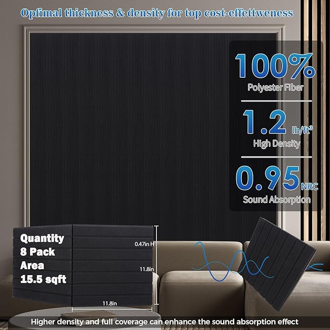 8 Pack Large- Fold, Soundproof Slat Wall Panel,24 x 12 x 0.47 in,Self Adhesive, 3D Fluted Sound Absorbing Panel, Acoustic Wall Panels,Studio, Home, Cinema,Office.(Black).