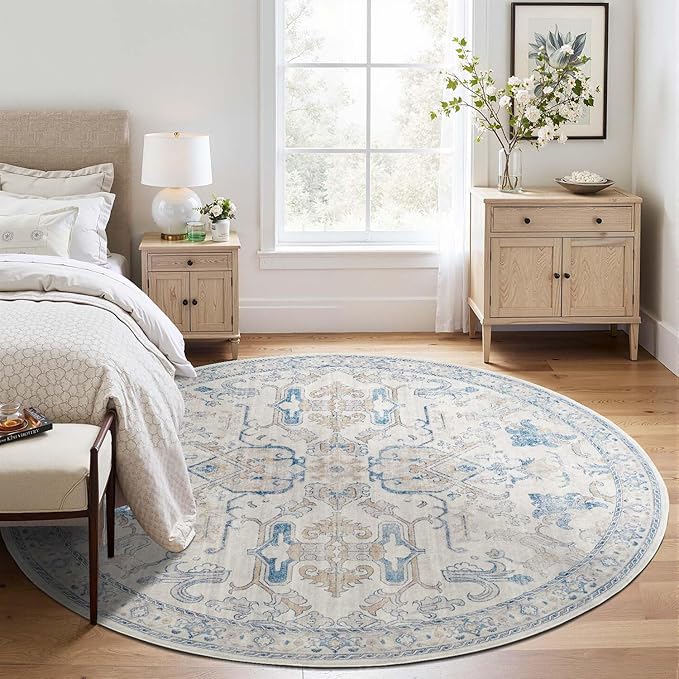jinchan Round Rug 6ft Area Rug Vintage Floor Mat Kitchen Indoor Ultra-Thin Soft Floral Print Washable Circle 6' Accent for Farmhouse Non Slip Dining Room Living Room Bedroom Office Blue