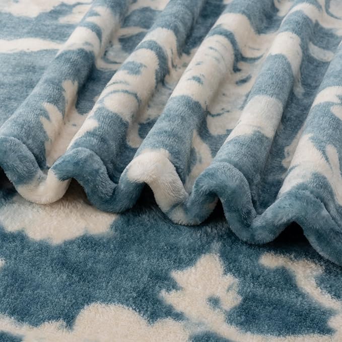 Berkshire Blanket-Classic Heavyweight Soft Printed VelvetLoft® Plush Blanket, Full/Queen Size Soft Fuzzy Warm Blanket for Couch Sofa Bed, Floral Blue, 90in x 90in